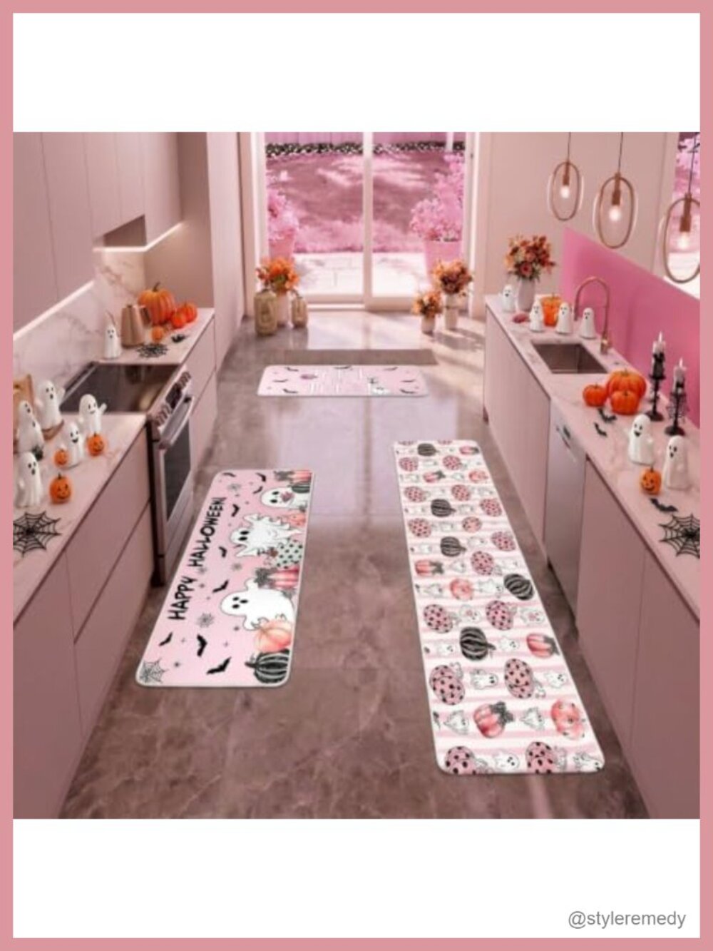 Halloween Kitchen Rugs Set 3 Pcs Burlap Non Slip Backing Pink Ghost
